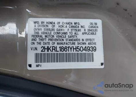 2000 Honda Odyssey Ex z USA, uszkodzony, nr VIN 2HKRL1861YH504939